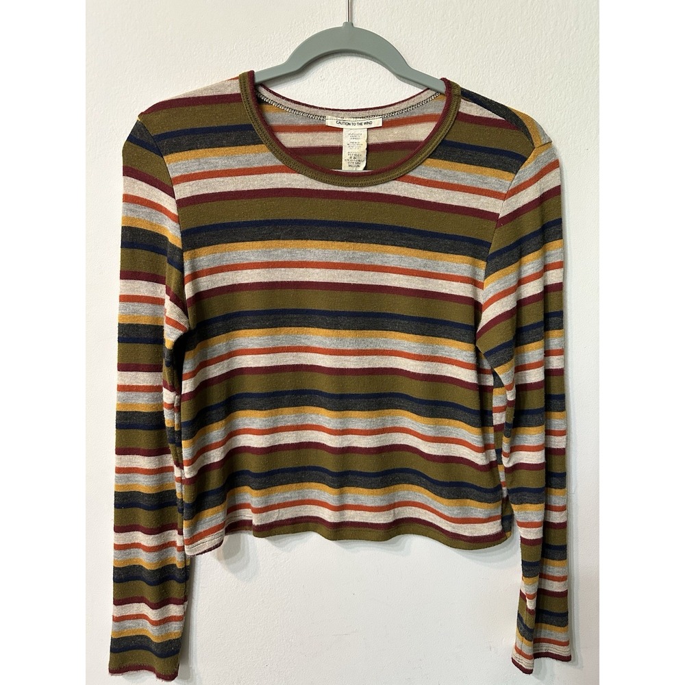 Caution To The Wind Striped Long Sleeve Crop Top Womens Medium Earth Tone Y2K